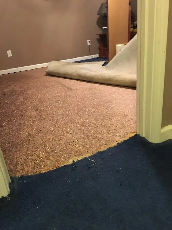 Carpet pad removal revealing water damage during Drying & Dehumidification in Columbus